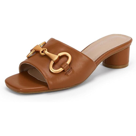 ⚡Women's Brown Heeled Slides Sandals Square Open Toe Slip on Comfortable